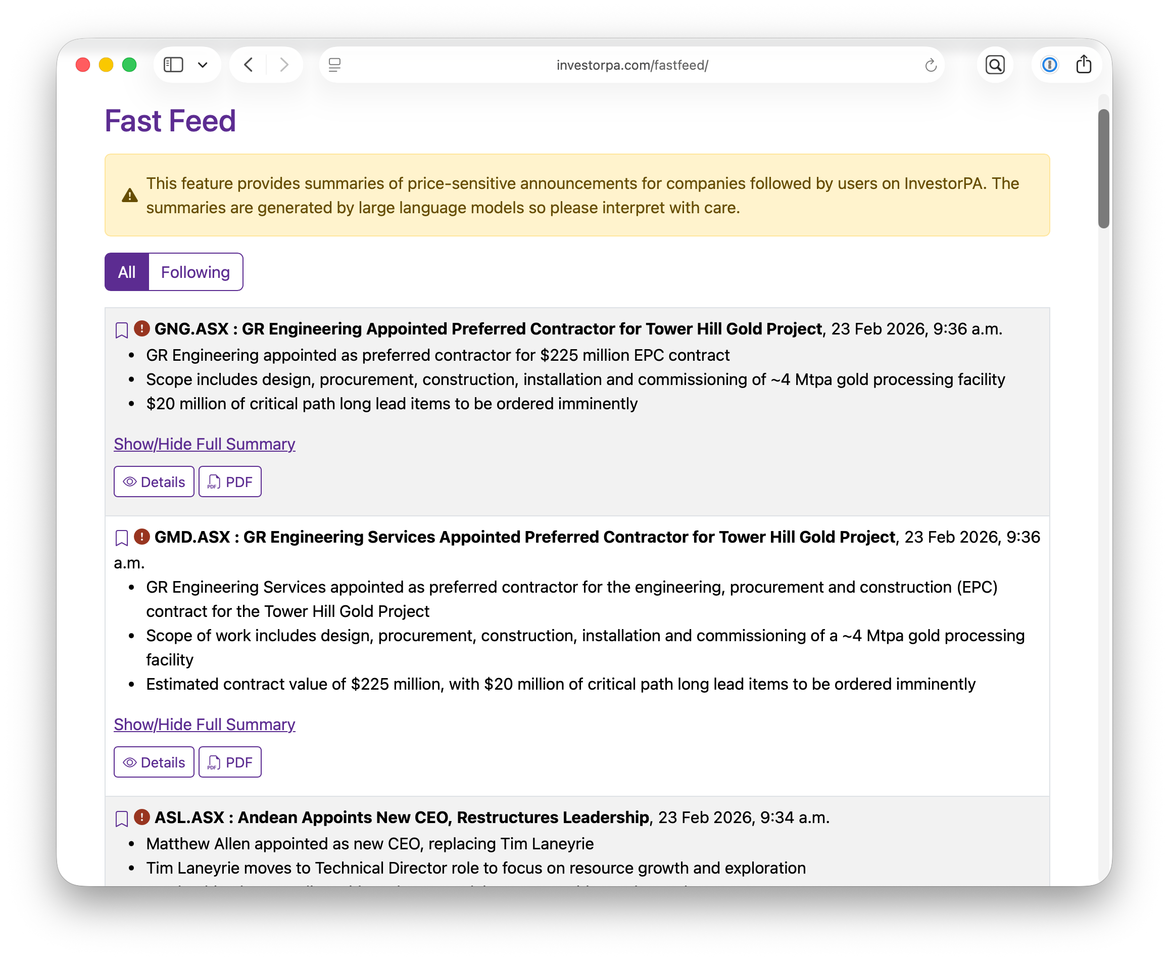Fast Feed — AI summaries