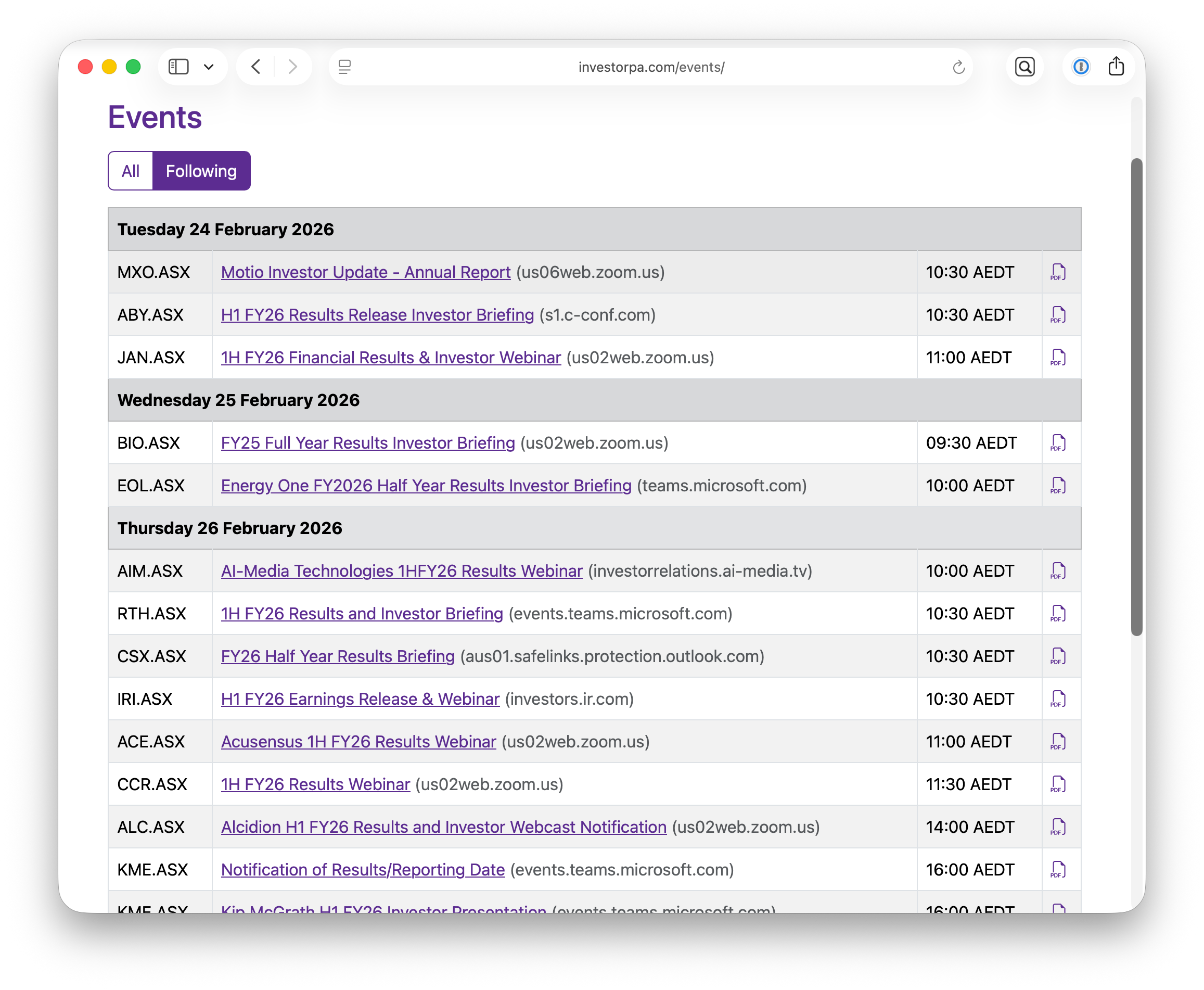 Events — upcoming investor briefings