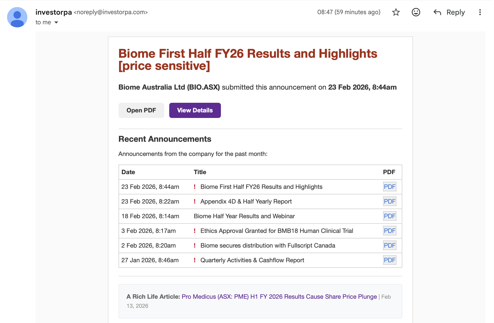Email alerts — price-sensitive notifications